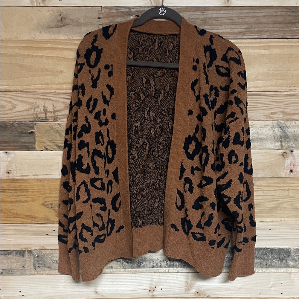 Express size XL Leopard Print Open-Front Soft Sweater Cardigan - Brown/Black